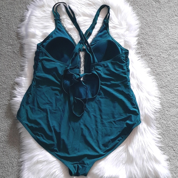 Women's XXL Teal Blue Crochet Detail One Piece Swimsuit - Picture 4 of 6